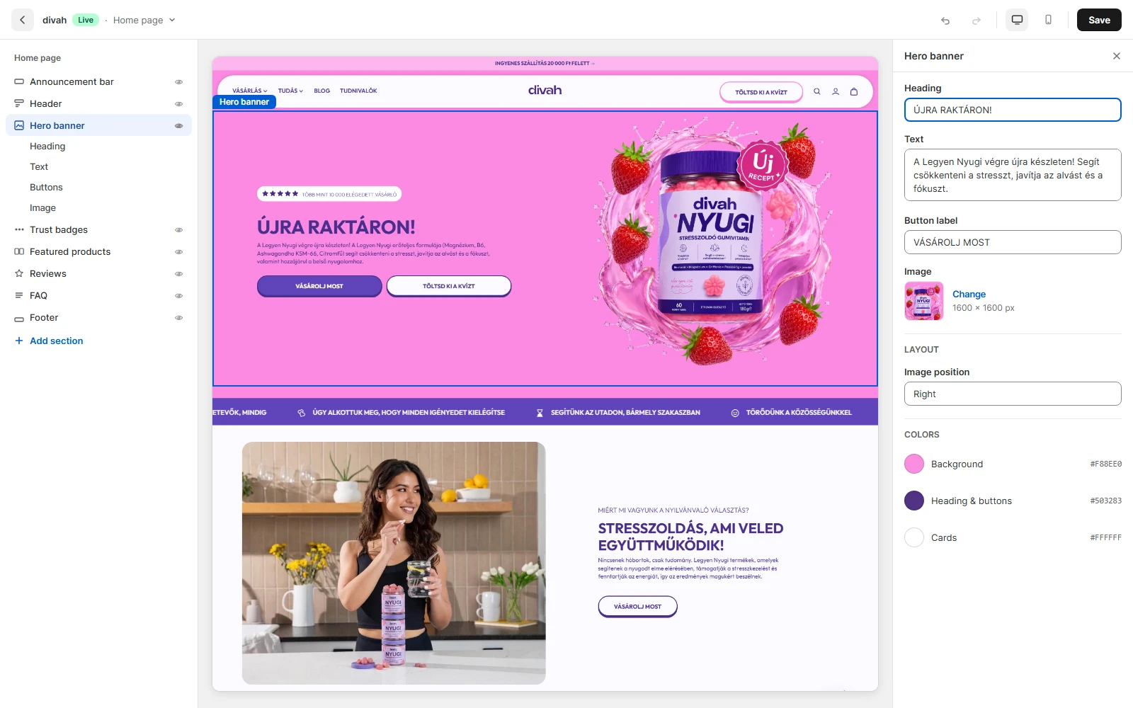 A converted page open in the Shopify theme editor, with its settings panel
